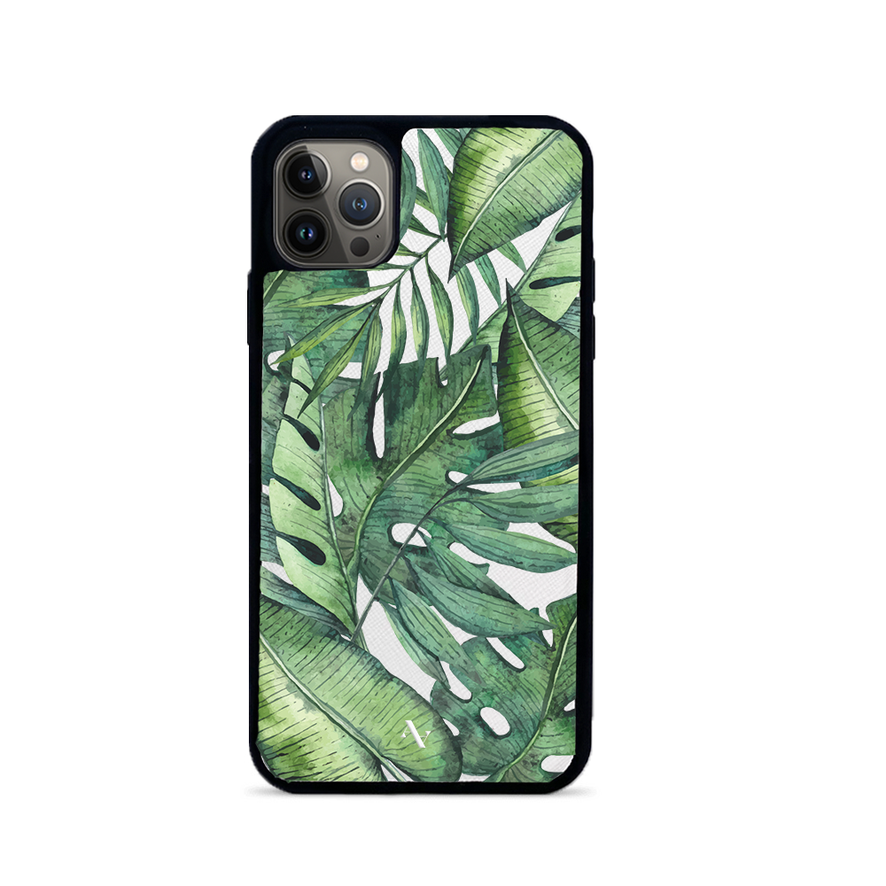 MAAD Tropical Plants Creta iPhone 13 Pro Max Leather Case in vegan saffiano leather with soft rubber rim, showcasing personalization options.